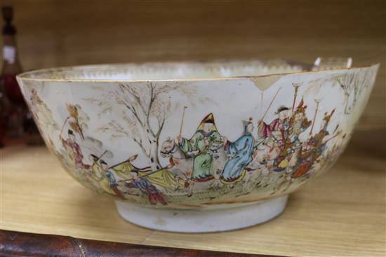 A Chinese Qianlong period famille rose punch bowl and four other Qianlong period porcelain bowls diameter 38.8cm